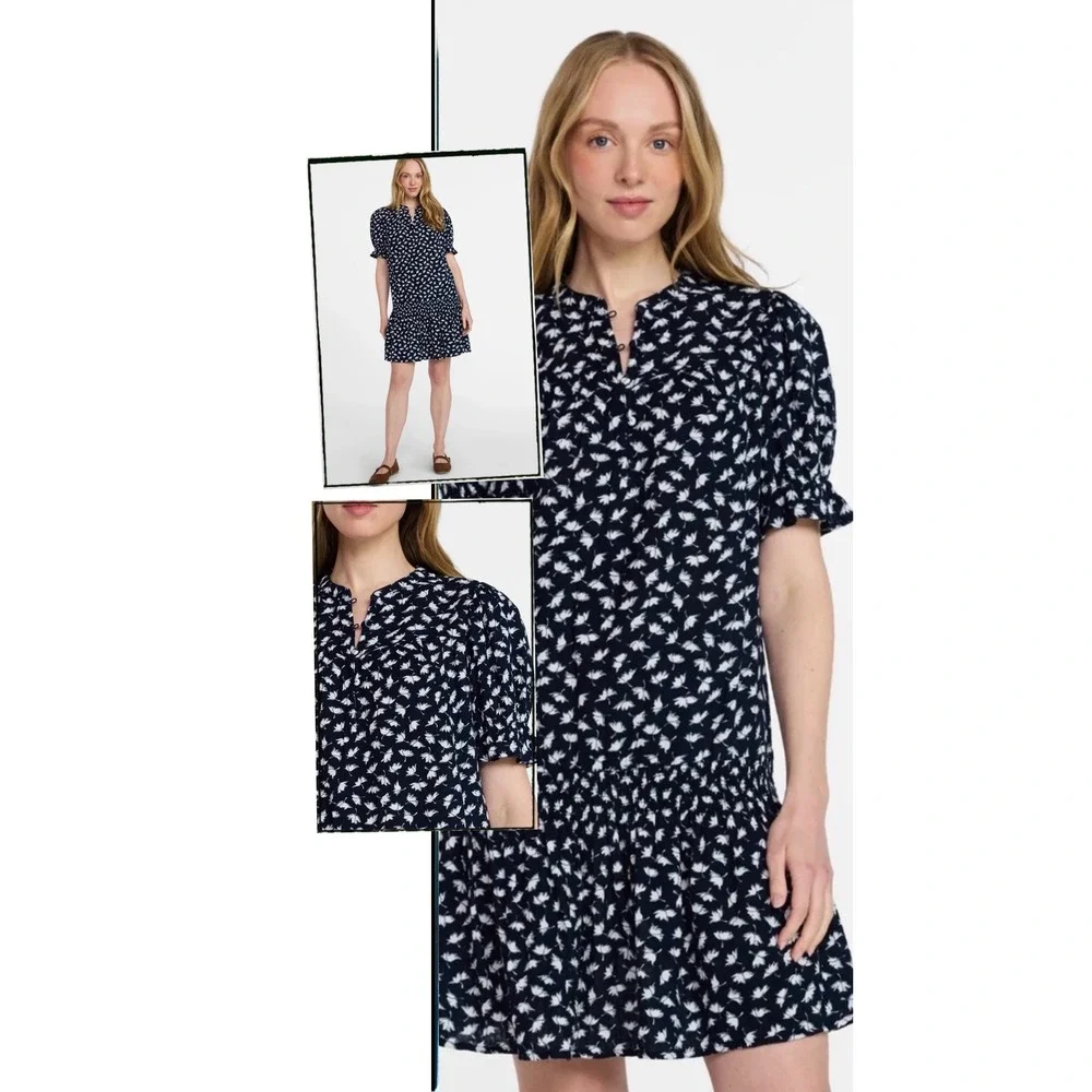 Time and Tru Navy Floral Smocked Drop Waist Cotton Mini Dress L 12-14